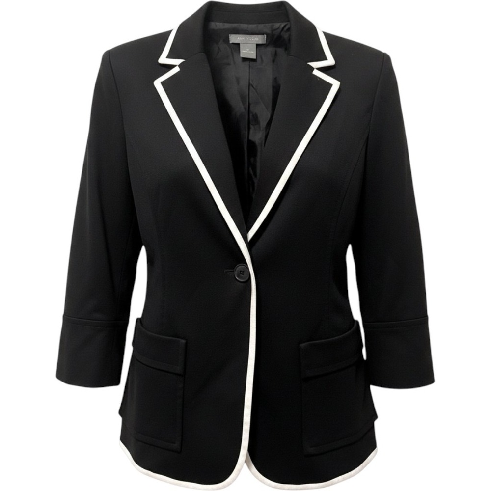 Ann Taylor Black White Piped 3/4 Sleeve Blazer Jacket Career Size 10